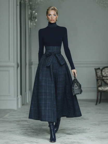 Exquisite High-neck Stretch Top And Plaid Skirt Two-piece Set