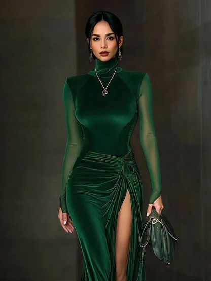 Elegant Velvet Mesh Sleeve High-slit Maxi Dress