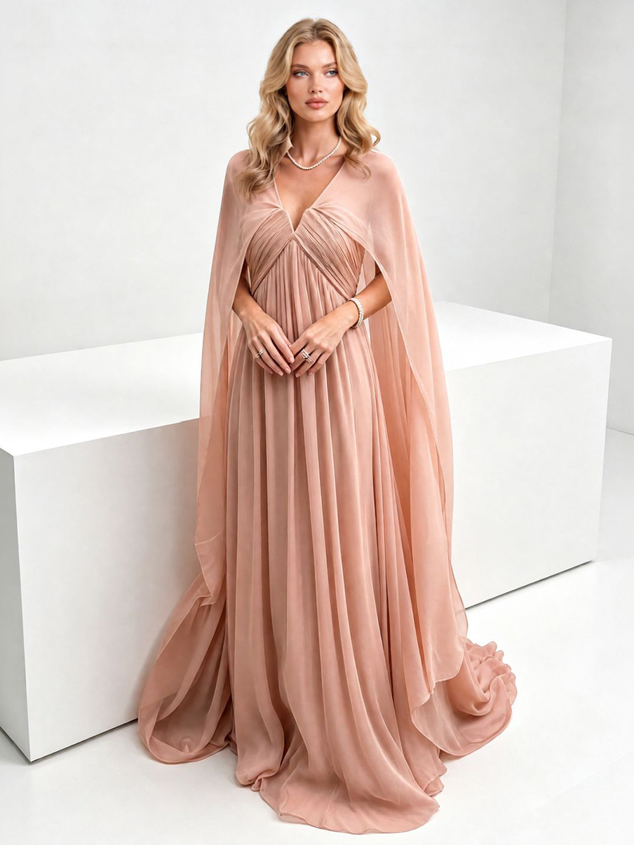 Elegant Draped V-Neck Sheer Cape Sleeve Sweep Train Maxi Dress