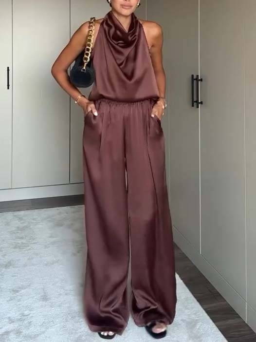 Elegant Halter Neck Swing Collar Top And Wide Leg Pants Suit-Pants