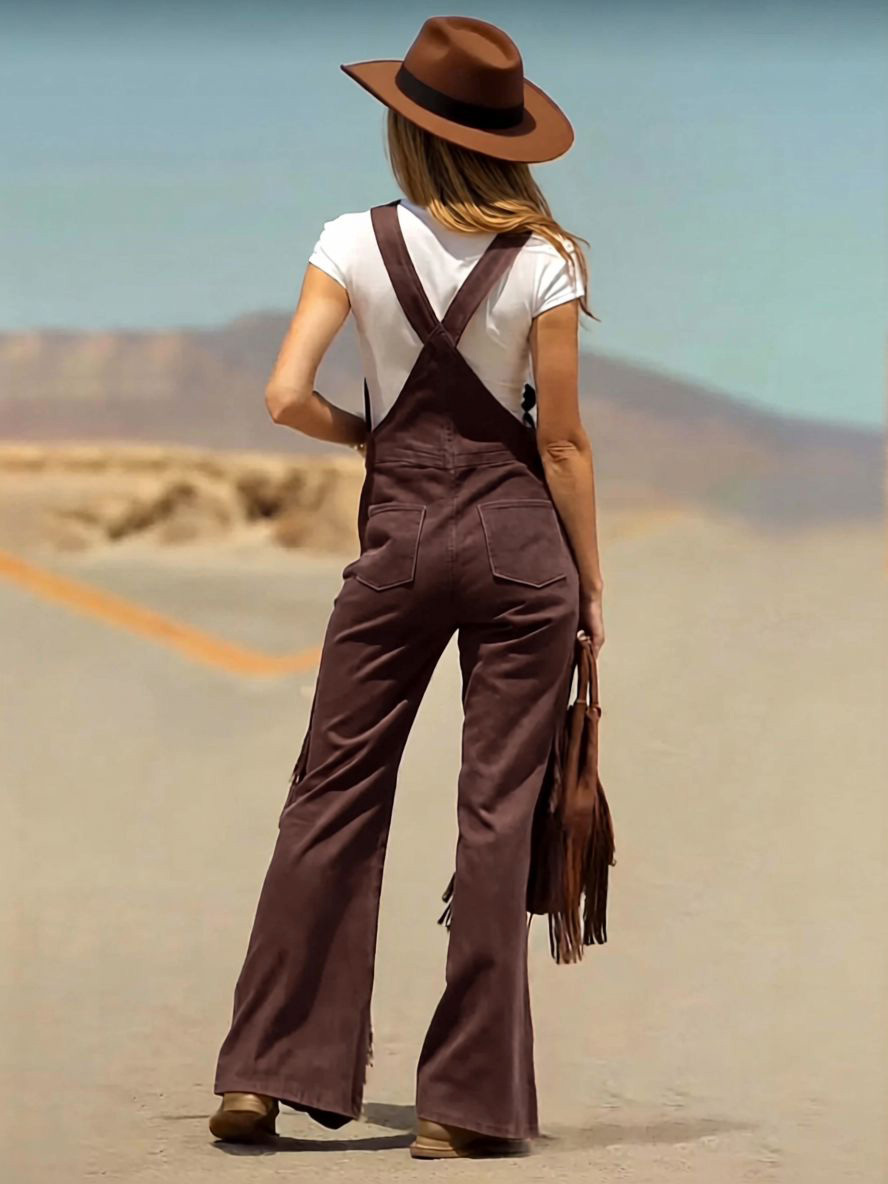 Retro Faux Suede Flared Overalls