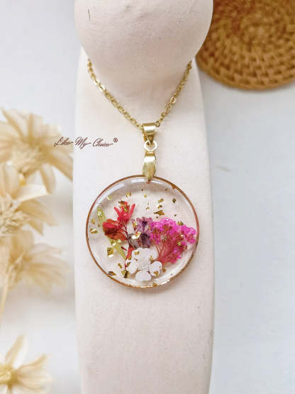 Handmade Birth Flower Bouquet Pressed Resin Pendant Necklaces