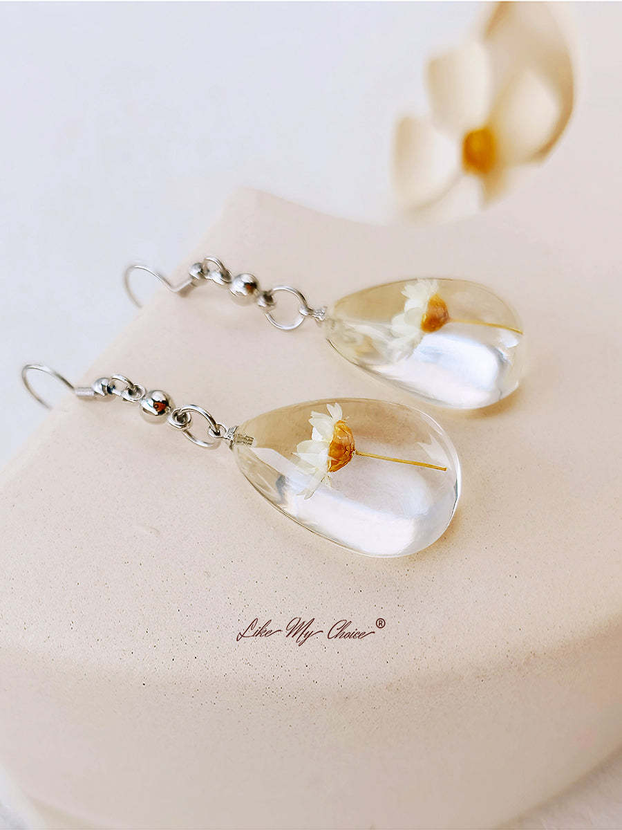 Natural Dahlberg Daisy Dried Flowers of Happiness Water Drop Earrings