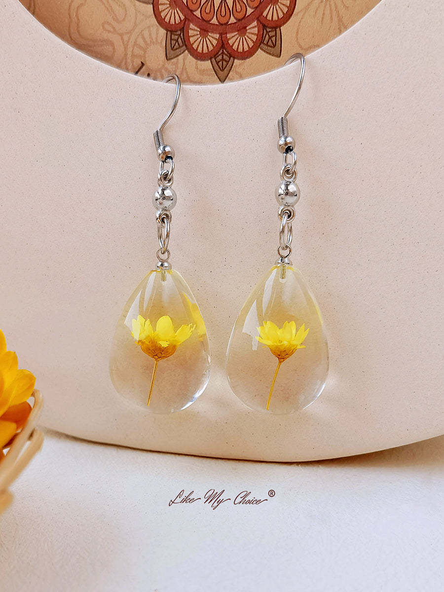 Natural Dahlberg Daisy Dried Flowers of Happiness Water Drop Earrings