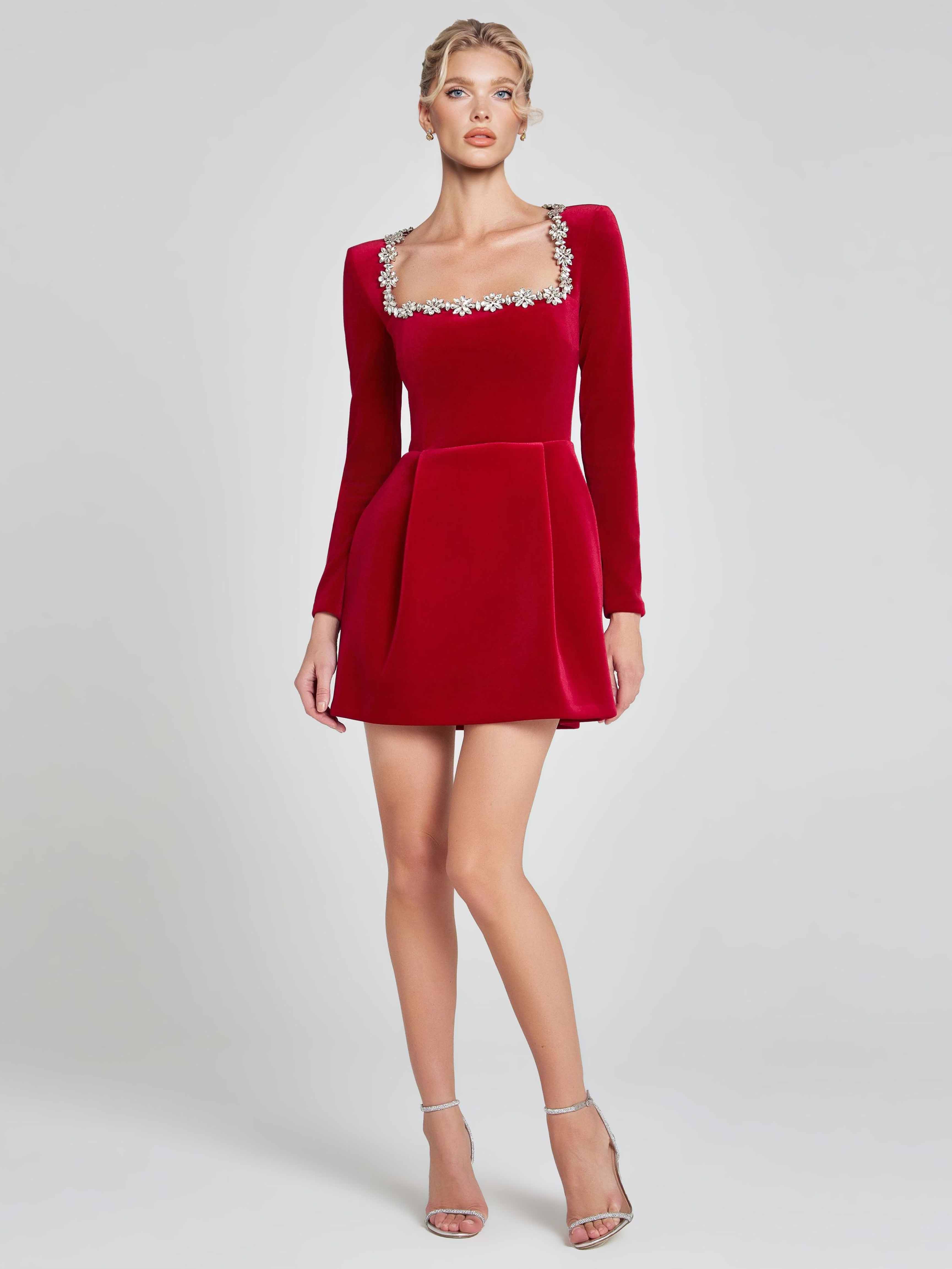 Elegant Square Neck Crystal Embellished Mini Dress