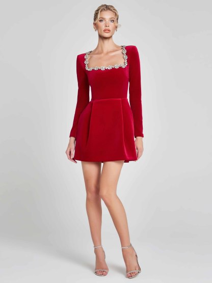 Elegant Square Neck Crystal Embellished Mini Dress