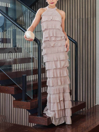 Exquisite Shimmer Backless Tiered Ruffle Maxi Dress