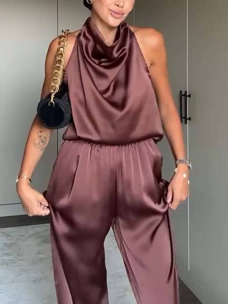 Elegant Halter Neck Swing Collar Top And Wide Leg Pants Suit-Top