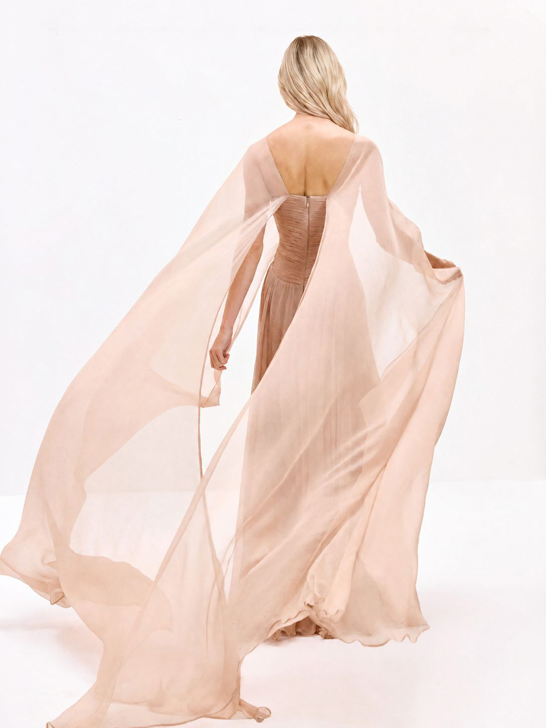 Elegant Draped V-Neck Sheer Cape Sleeve Sweep Train Maxi Dress
