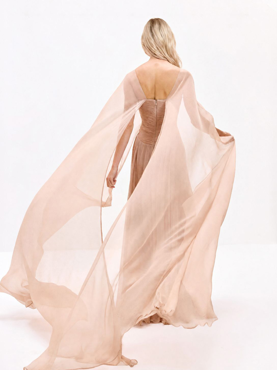 Elegant Draped V-Neck Sheer Cape Sleeve Sweep Train Maxi Dress