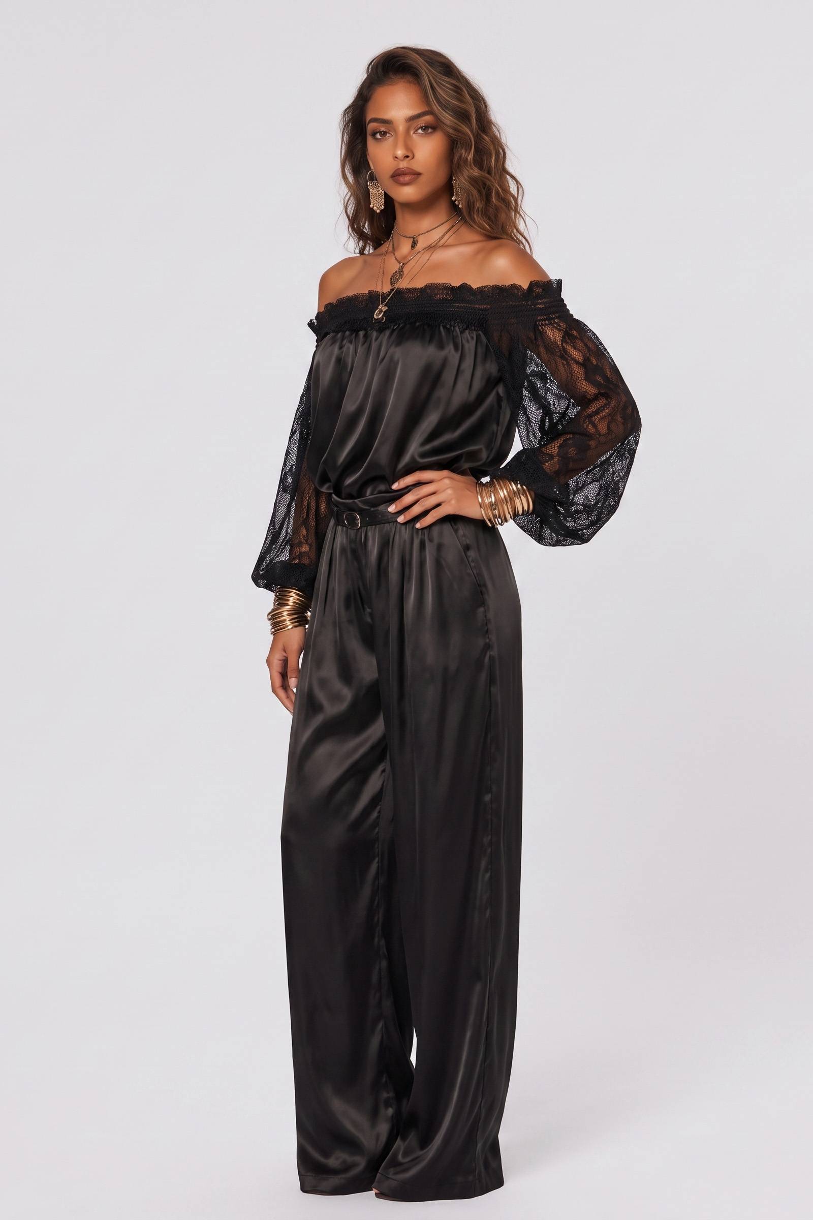 Elegant Satin Shoulder Lace Stitching Sleeve Top Wide Leg Pants Set