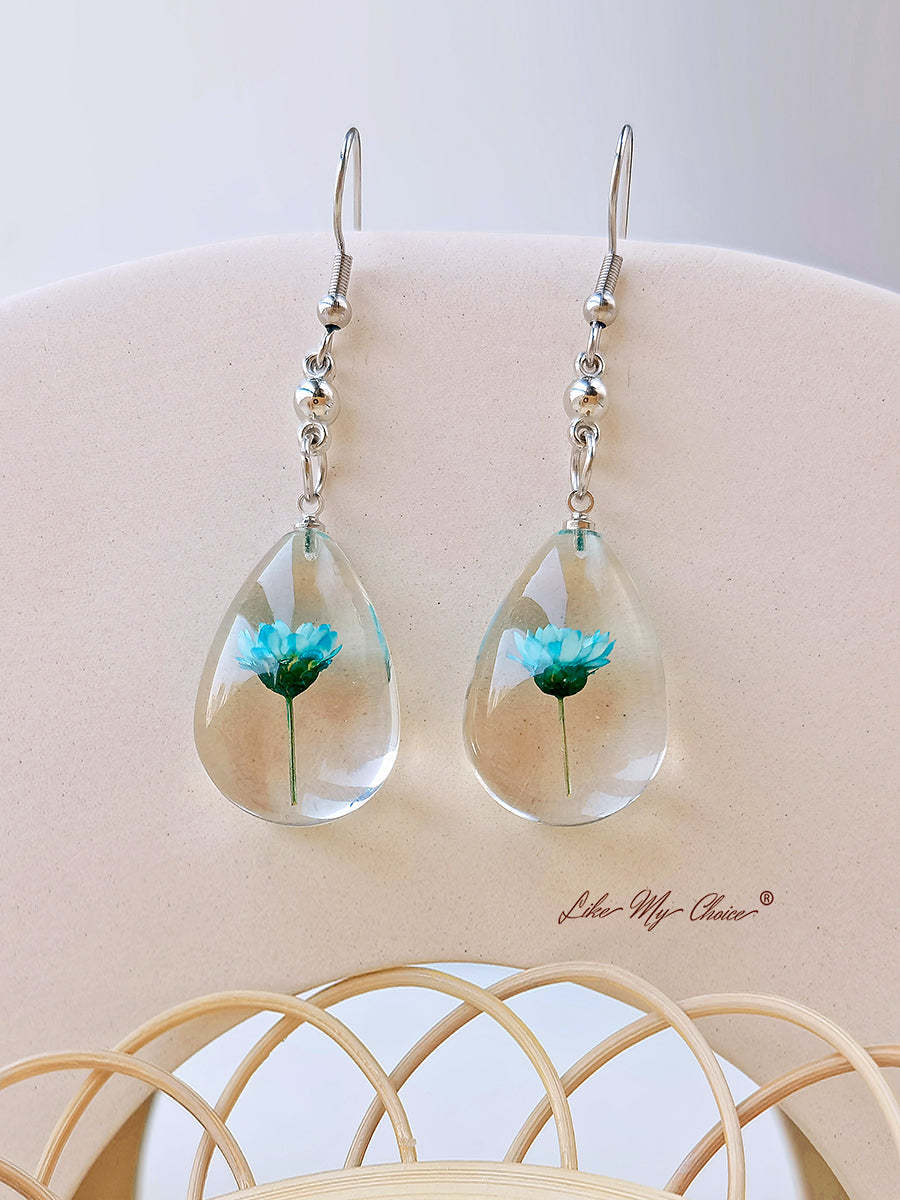 Natural Dahlberg Daisy Dried Flowers of Happiness Water Drop Earrings