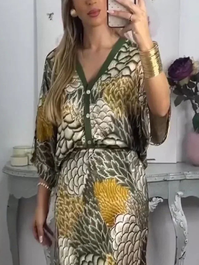 Retro Scale Print Satin Printed Batwing Sleeve Top