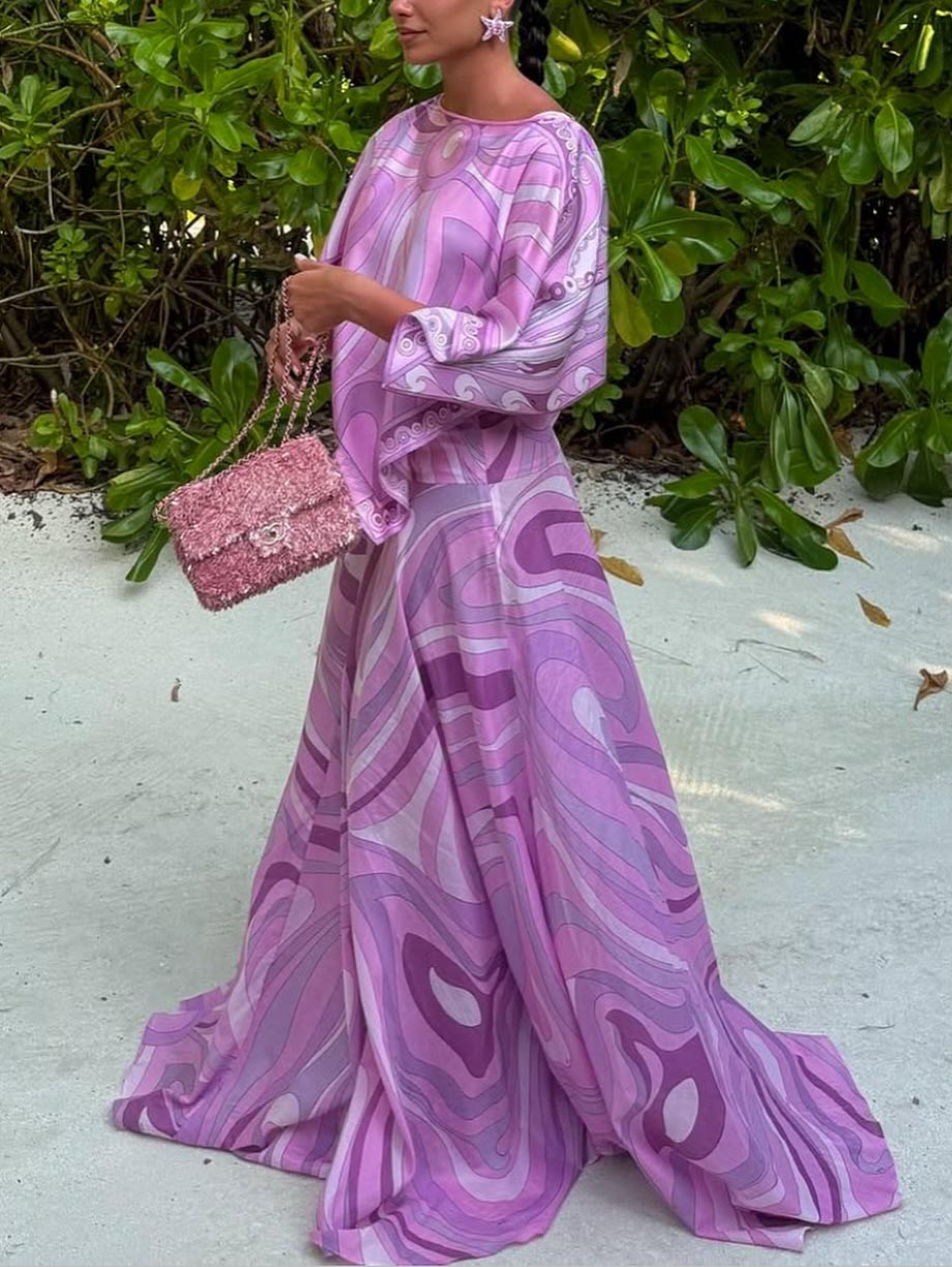 Exquisite Abstract Swirl Print Satin Asymmetric Hem Shirt