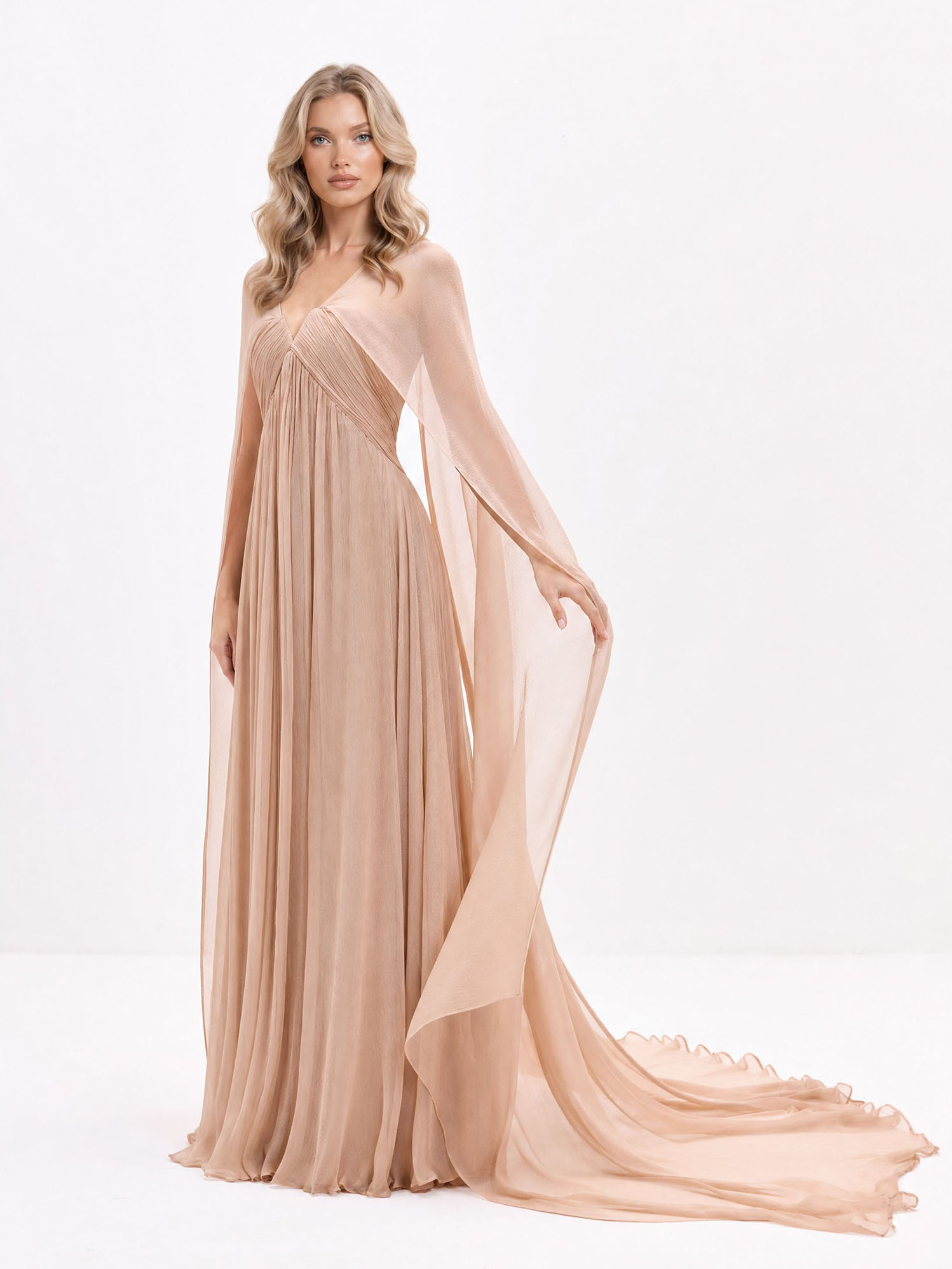 Elegant Draped V-Neck Sheer Cape Sleeve Sweep Train Maxi Dress
