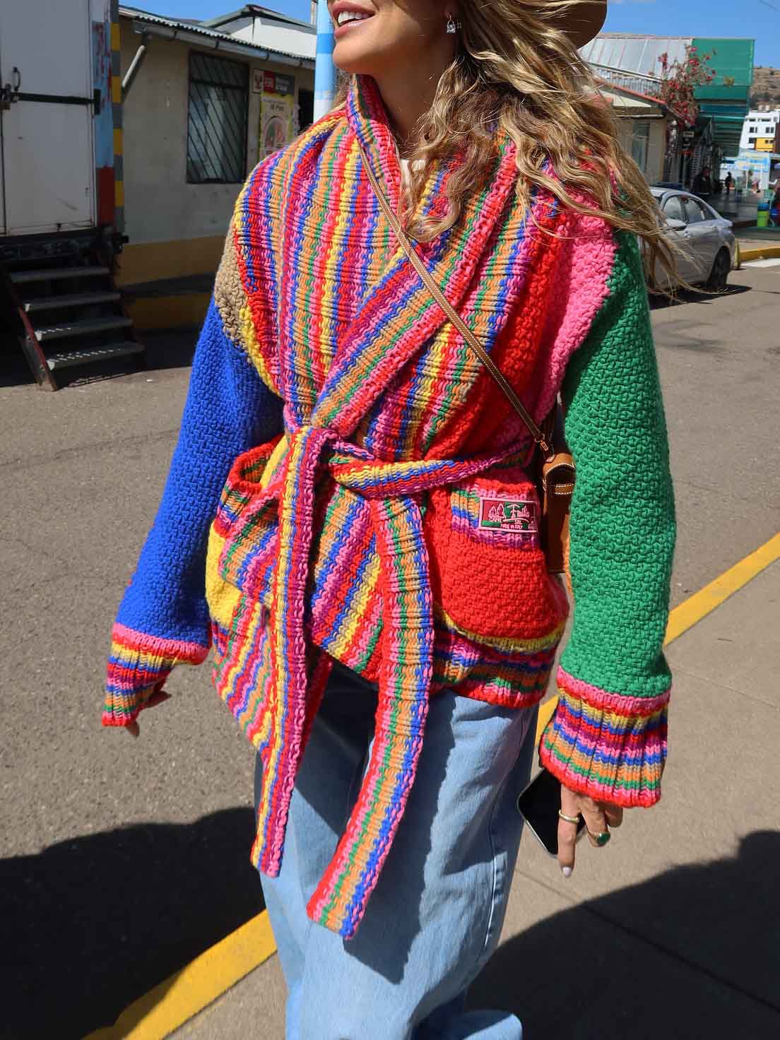 Unique Color-Block Hand-Knitted Belted Cardigan