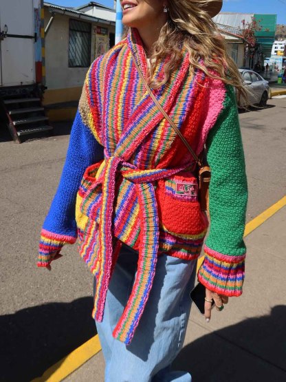 Unique Color-Block Hand-Knitted Belted Cardigan
