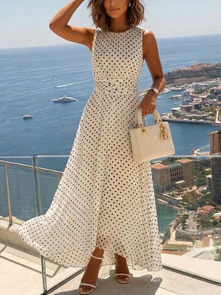 Minimalist Polka Dot Print Pleated Maxi Dress
