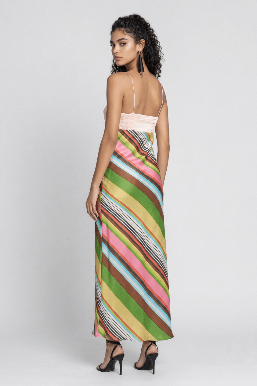 Pink Satin Twisted Thin Strap Colorful Slant Striped Satin Slim-Fit Midi Dress