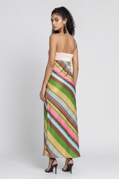 Pink Satin Twisted Thin Strap Colorful Slant Striped Satin Slim-Fit Midi Dress