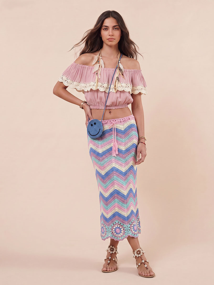 Bohemian Ruffle Crop Top & Crochet Herringbone Skirt Two-Piece Set