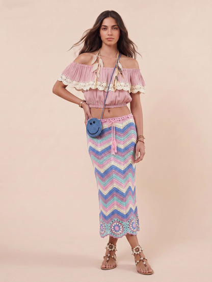 Bohemian Ruffle Crop Top & Crochet Herringbone Skirt Two-Piece Set