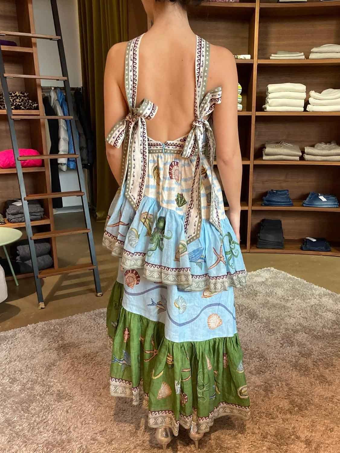 Unique Deep Sea Floral Print Tiered Irregular Midi Dress