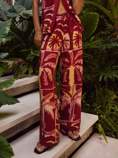 Retro Tropical Coconut Tree Print Wide-leg Pants