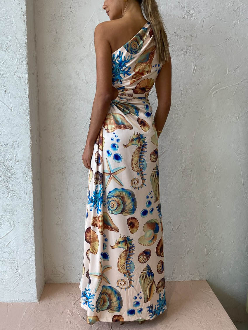 Exquisite Shell Print Side Slit Maxi Dress