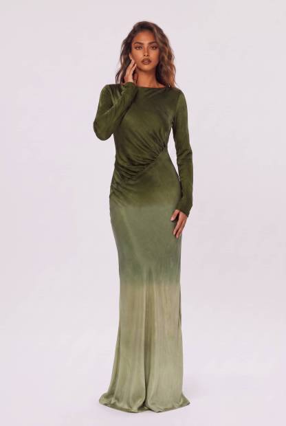 Gradient Olive Green Satin Boat Neck Long Sleeve Side Pleat Slit Slim-Fit Long Dress