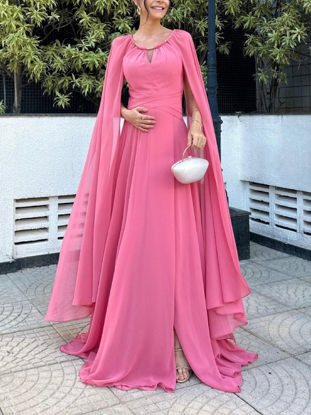 Elegant Cape Sleeve Slit Long Party Maxi Dress