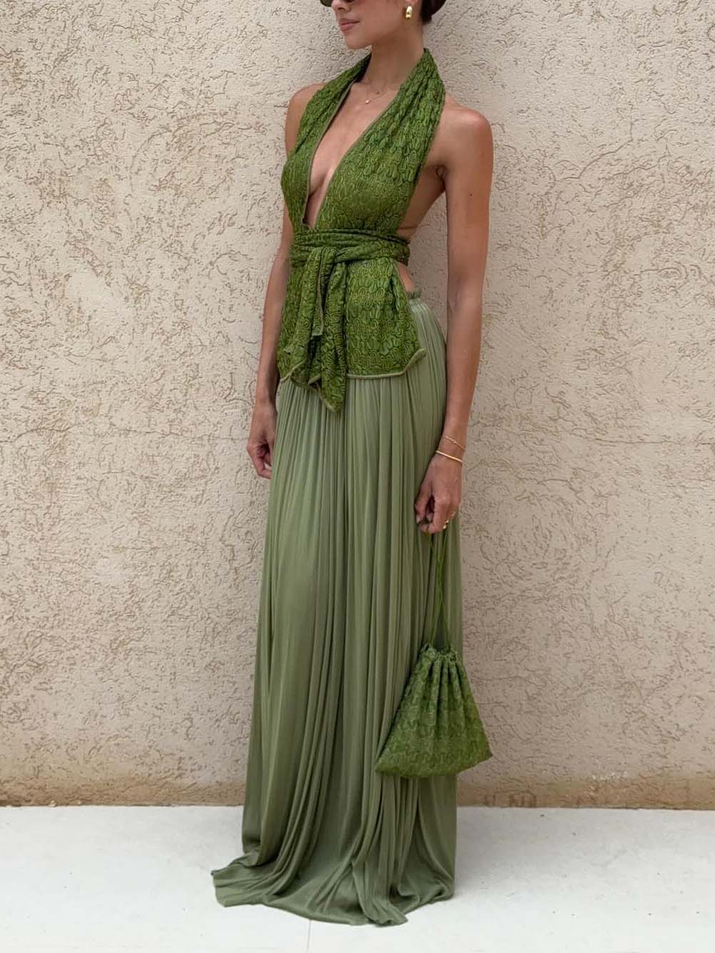 Elegant Deep V Neck Flowing Long Dress Two-piece Set