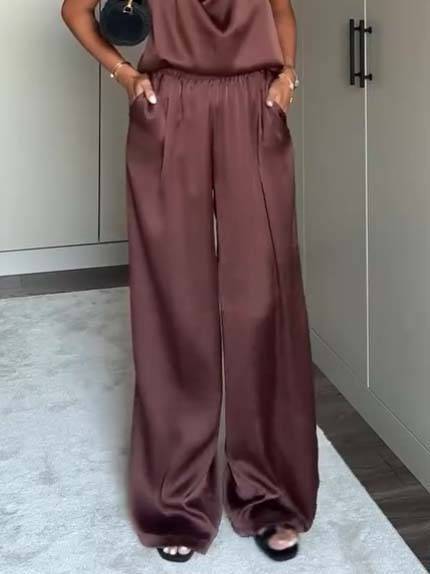 Elegant Halter Neck Swing Collar Top And Wide Leg Pants Suit-Pants
