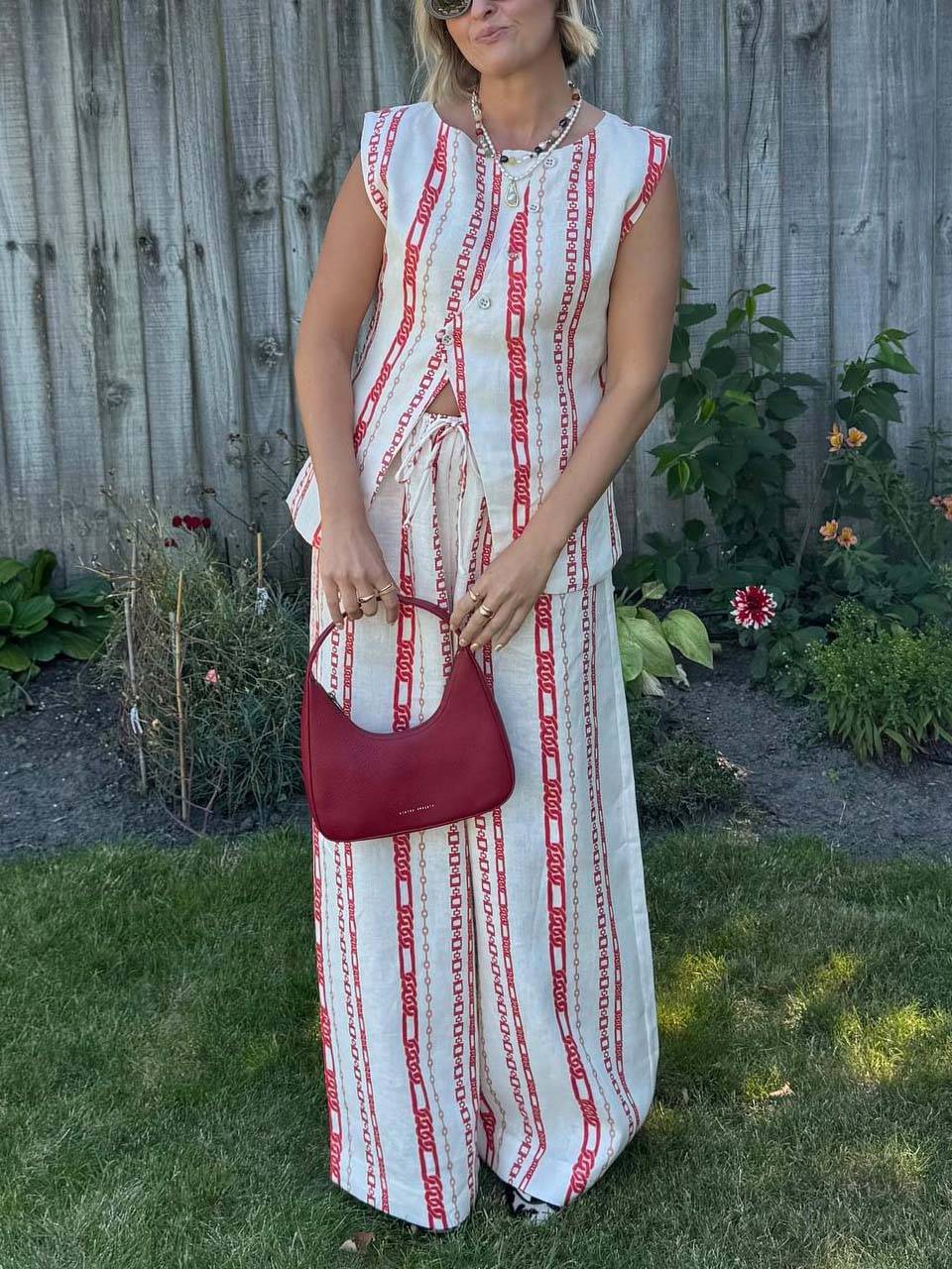 Printed Vest And Wide Leg Pants Suit