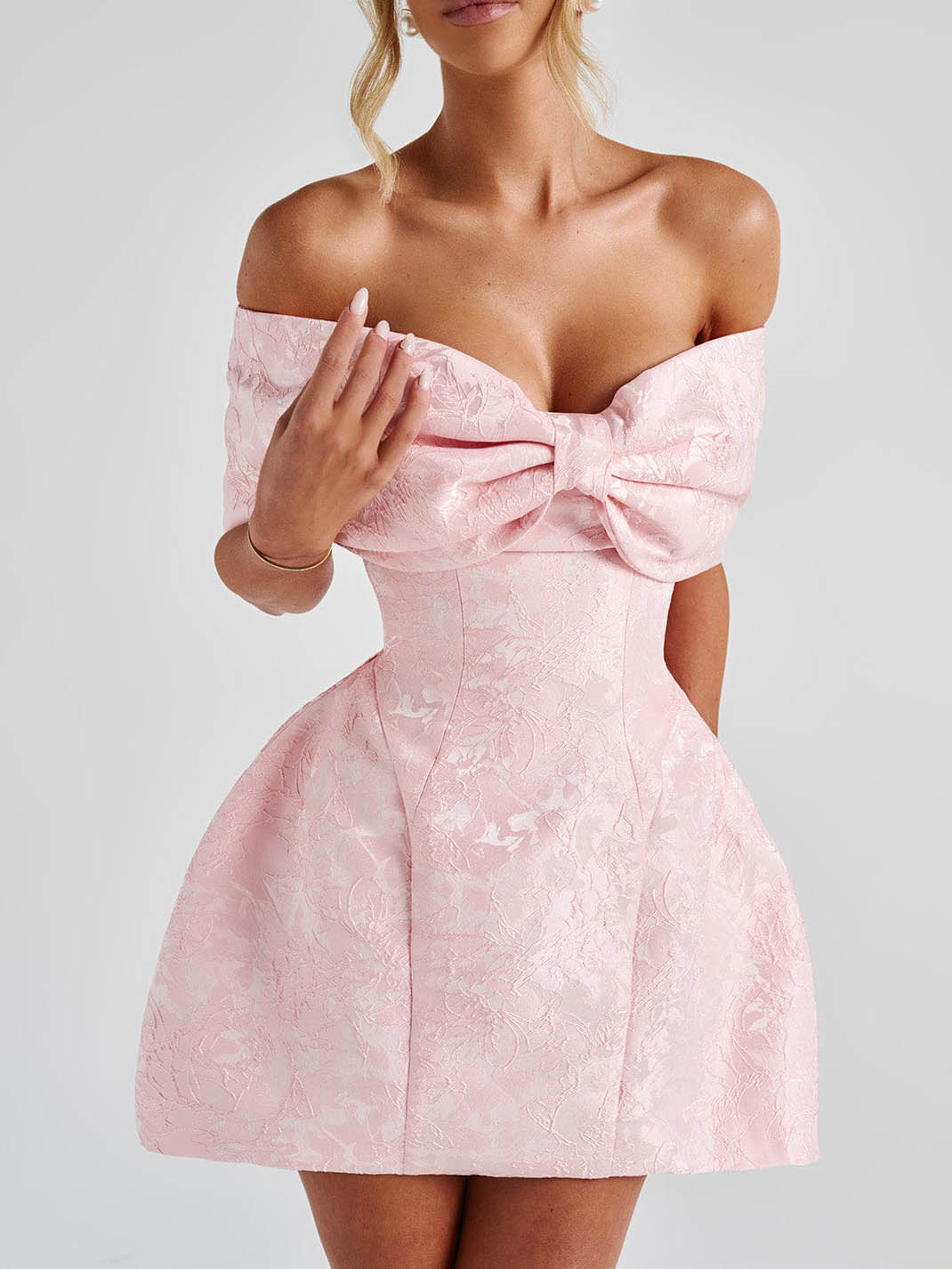 Elegant Bow Off-the-shoulder Jacquard Mini Dress