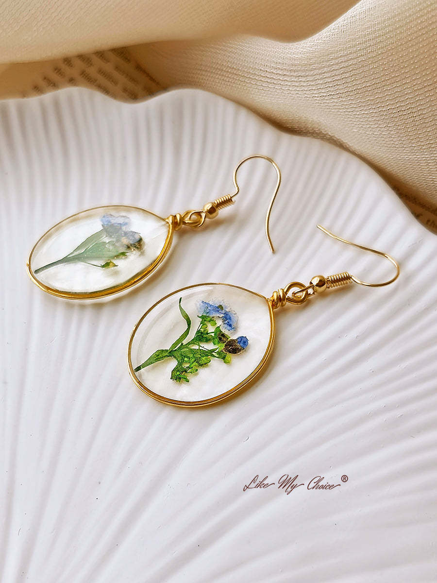 Pressed Flower Earrings - Forget Me Not Flower Oval