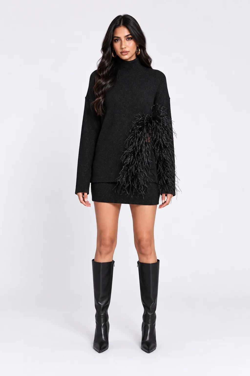 Feather Trim Mock Neck Knit Sweater and Mini Skirt Two Piece Set [erp-image:62cdd598a358ca4516fc9a7e]