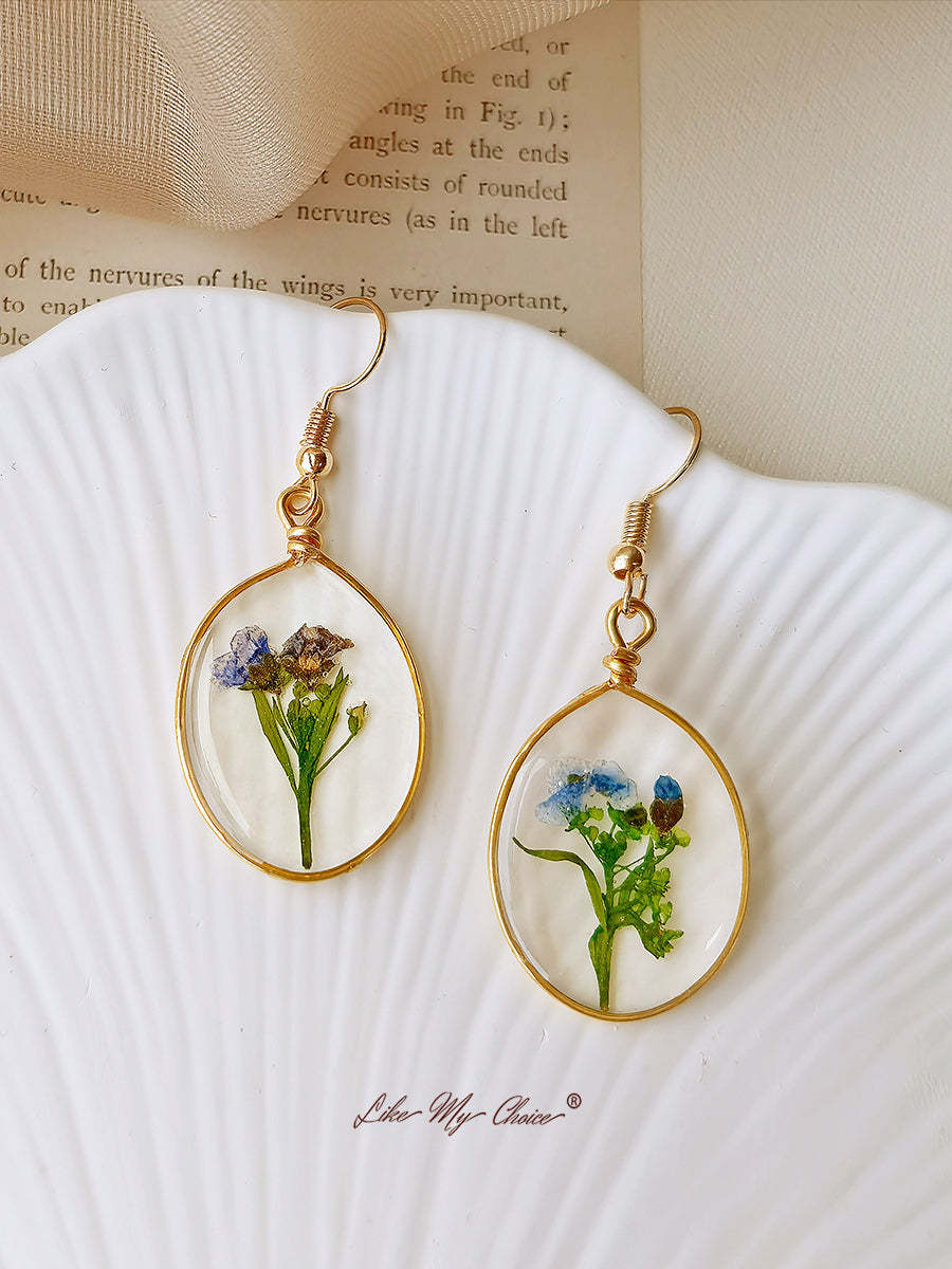 Pressed Flower Earrings - Forget Me Not Flower Oval