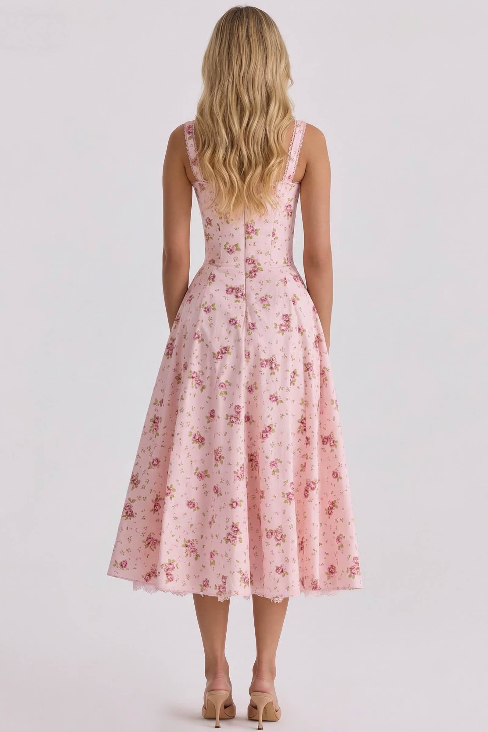 Floral Strap High-Waist A- Line Midi Dress