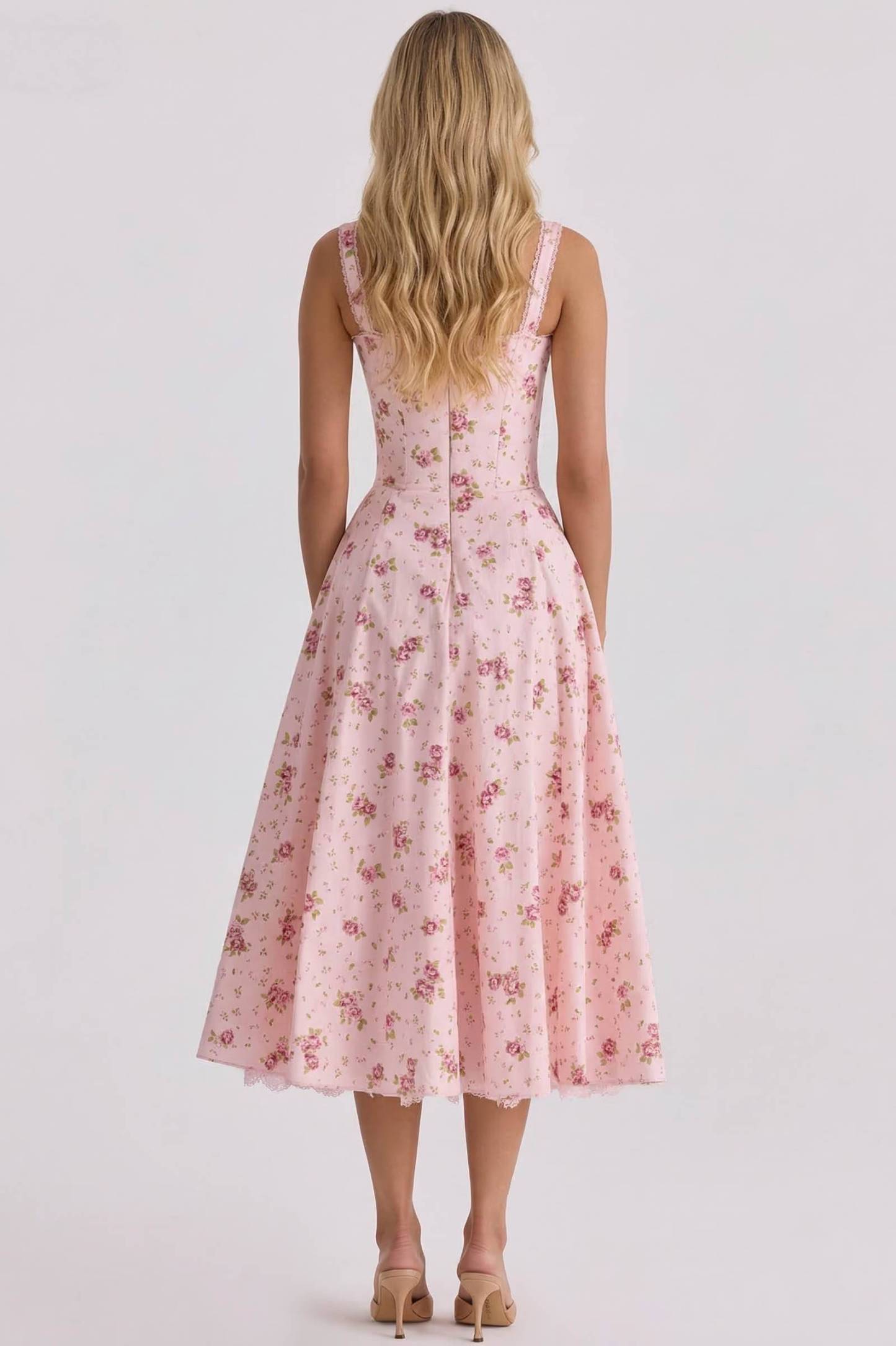 Floral Strap High-Waist A- Line Midi Dress