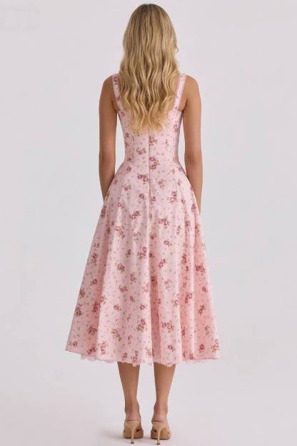 Floral Strap High-Waist A- Line Midi Dress