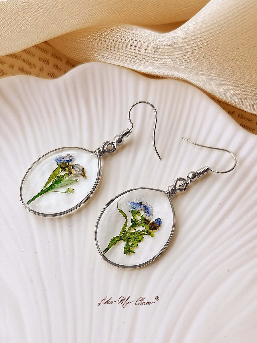 Pressed Flower Earrings - Forget Me Not Flower Oval