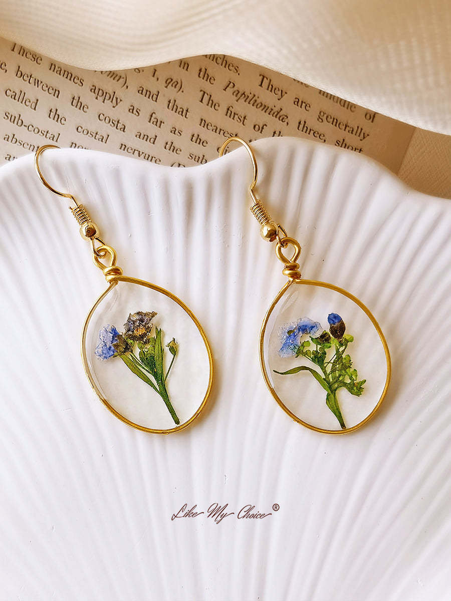 Pressed Flower Earrings - Forget Me Not Flower Oval