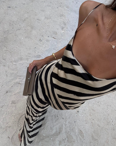 Beige & Black Diagonal Stripe Maxi Dress – Bias-Cut Satin Slip Gown