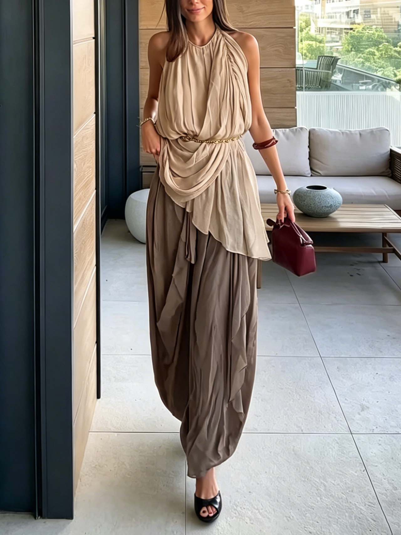 Casual Elegant Flowy Chiffon Draped Wide-Leg Pants Two-Piece Set