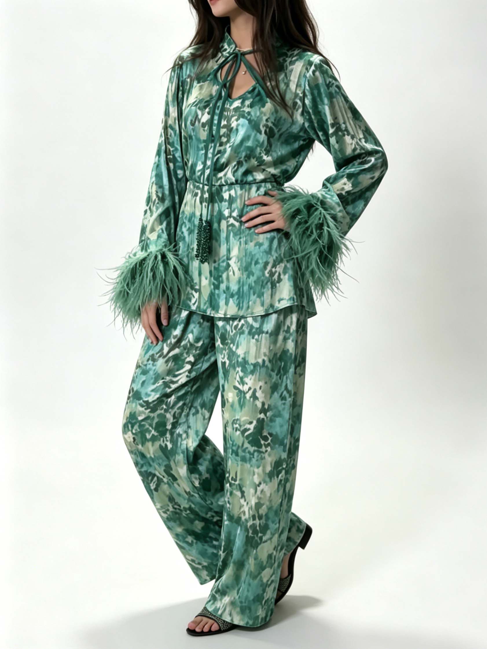 Exquisite Watercolor Print Feather Cuff Tie Shirt & Wide-Leg Pants Two-Piece Set