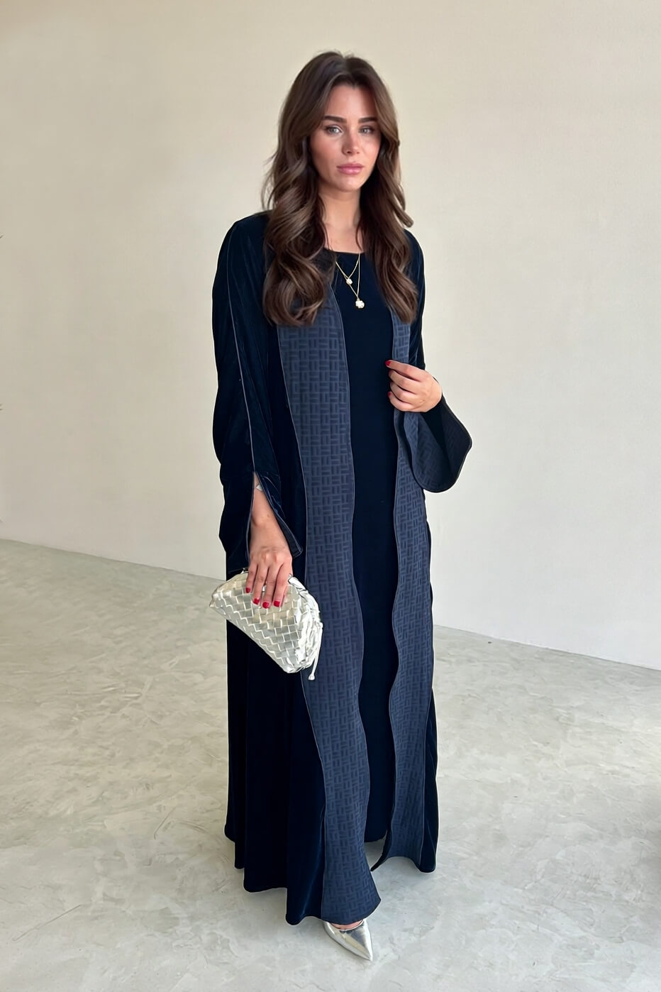 Elegant Navy Blue Printed Velvet Robe Cardigan