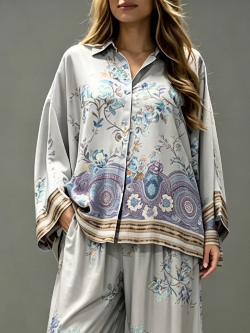 Exquisite Floral Paisley Print Satin Button Shirt & Wide Leg Pants Set
