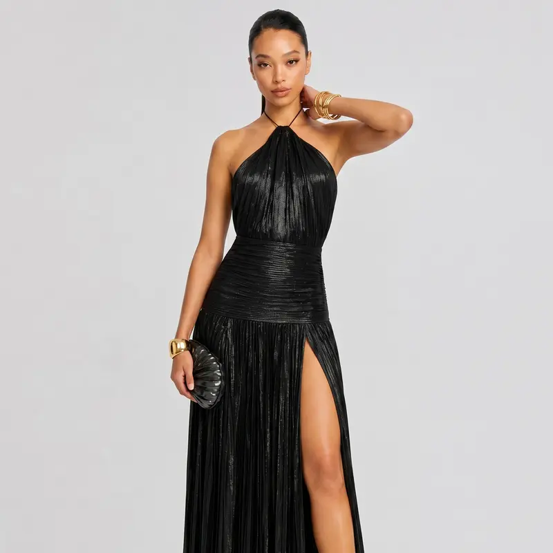 Elegant Metallic Pleated Halter Neck Maxi Dress