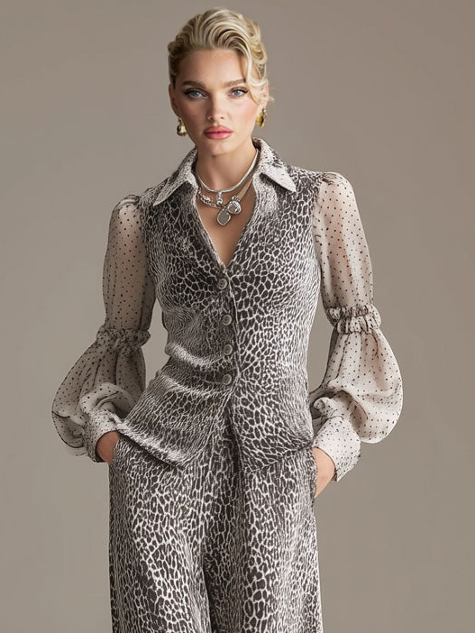 Retro Chiffon Sleeve Leopard Print Top & Wide-leg Pants Set